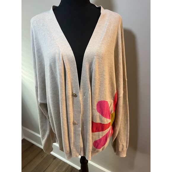Natural Life Daisy Cotton Cardigan Sweater Oatmeal Floral L/XL Boho Slouchy - Picture 10 of 10